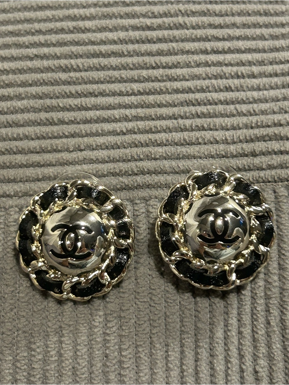 Black and Gold / Silver Tone Braided Lettered C Button Earrings